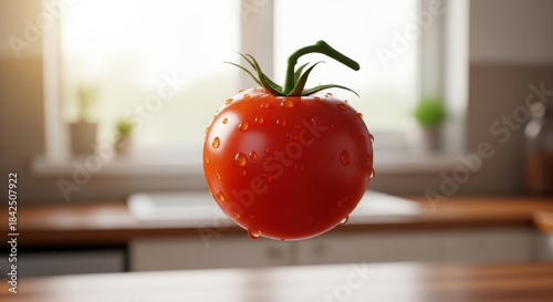 Fresh tomato glistening with droplets against a bright kitchen backdrop with sunlight