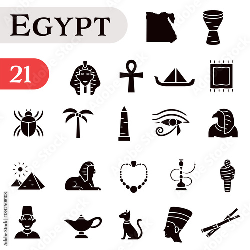 A set of stylish Doodle icons dedicated to Egypt, covering culture, architecture, and cuisine.
