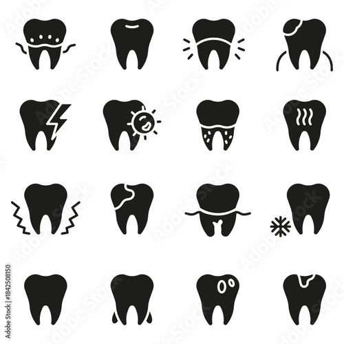A set of black silhouette icons depicting teeth and dental problems. Various dental conditions.