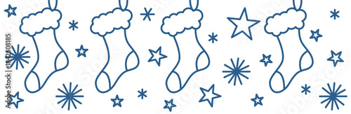 Festive pattern with Christmas stockings. Simple linear style in blue.