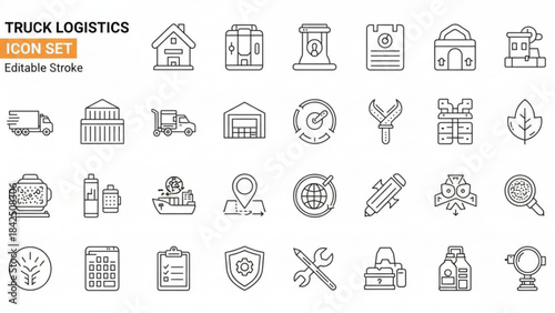 For the Logistics Set: Truck Logistics and Freight Icon Set - Global Shipping, Warehouse, and Delivery Outline Icons with Editable Stroke