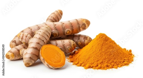 Freshly cut turmeric rhizomes and vibrant powder for culinary and wellness uses