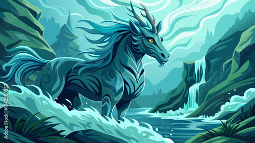 Very beautiful stylized illustration of a mythical river creature appearing as a ghostly horse, featuring flowing water effects, graceful yet eerie posture, and clean vector detail suitable for fantas