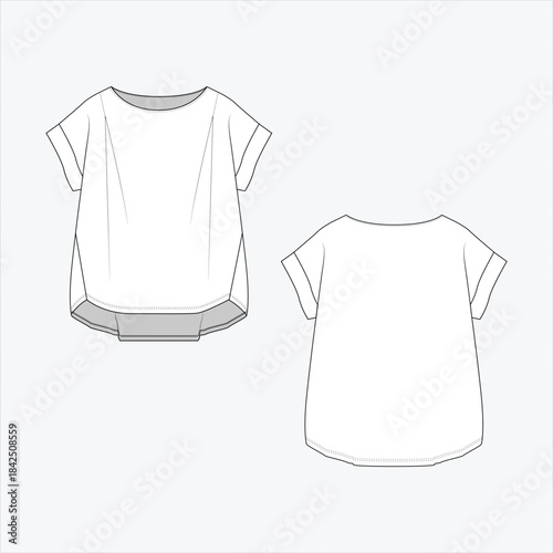 Women's Flat Sketch with different Style details and  added trims value, Henley top with cut & sew details.
