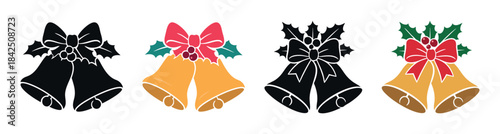 SET of christmas bells decorated with holly and bows, isolated on white background. concept of holiday decor, festive season, celebration, icon, design element