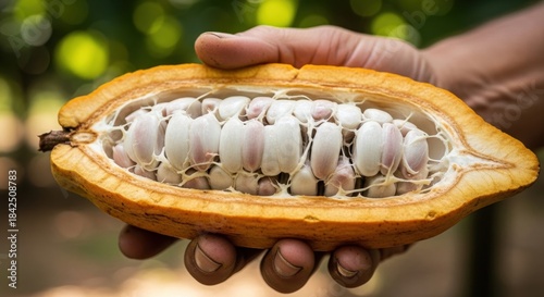 Freshly harvested cocoa pod displaying pulpy white beans held in human hands outdoors