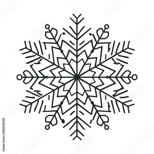 Black outline snowflake icon symbolizing winter holidays and frosty weather, perfect for seasonal graphic designs, festive greetings, and celebratory event decorations.