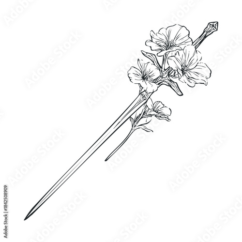 Graceful black and white sketch featuring a detailed longsword adorned with open blossoms, excellent for spiritual themes, graphic novels, or unique branding assets.