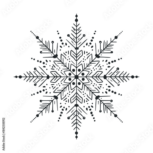 An elaborate hand drawn black and white snowflake design perfect for winter holiday greeting cards, festive season banners, celebration invitations, or decorative graphic backgrounds.