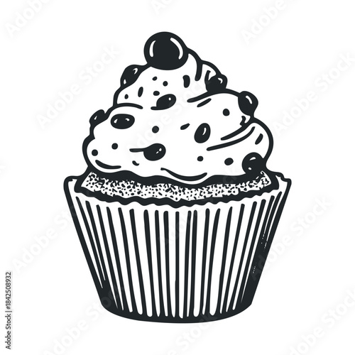 Delicious baked cupcake with frosted topping and decorative wrapper in a charming sketch style perfect for bakery menus, recipe books, or sweet dessert promotions