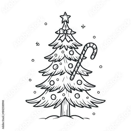 Traditional hand drawn Christmas tree adorned with a star, decorative bow, round ornaments, and a candy cane, ideal for holiday season greetings, winter event invitations, or festive