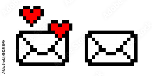 Pixel heart envelope letter in classic 8bit videogame art style forming digital love message concept for gamer interface vector illustration romantic background and retro celebration vibe