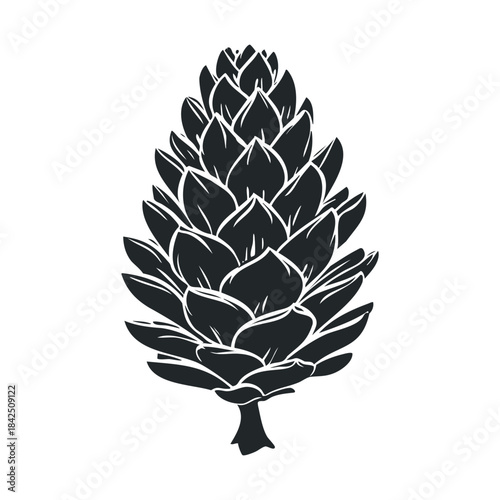 Stylized conifer cone silhouette vector graphic suitable for naturethemed logos, winter holiday decorations, packaging, or educational materials to add a natural touch.