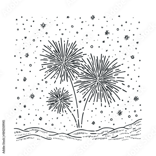 Hand drawn monochrome fireworks exploding over a snowy landscape, perfect for holiday event invitations, winter season greeting messages, and festive celebration graphics