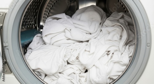 Freshly laundered white linens filling a modern washing machine ready for cleaning