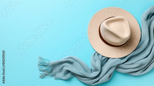 Fashionable hat scarf on pastel blue background