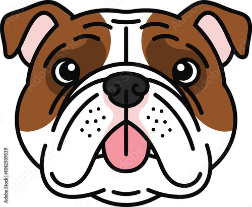 Cute and Detailed Vector Portrait of an English Bulldog Head with Tongue Out and Happy Expression, Ideal for Pet Care and Animal Graphics.