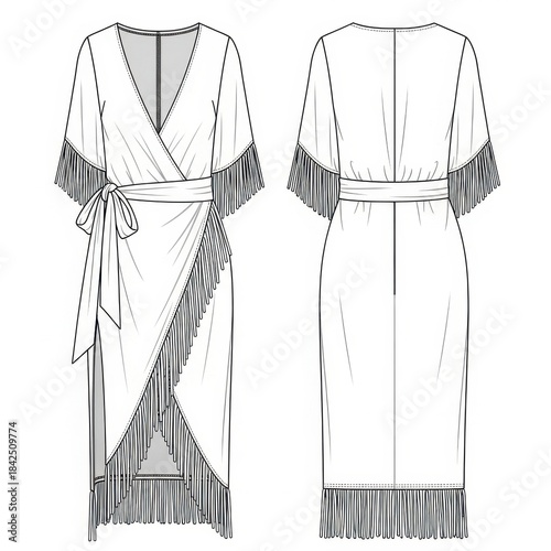 Fringed wrap dress technical drawing showcasing front and back design details meticulously