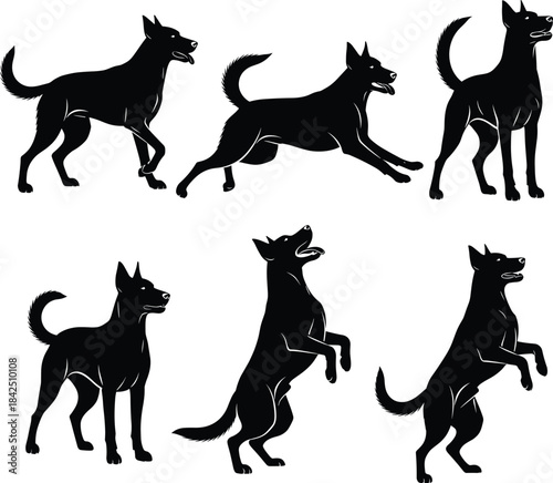 Dynamic Vector Set of Six Dog Silhouettes Displaying Active Poses Including Standing, Running, and Begging, Suitable for Veterinary, Training, or Pet Store Branding.