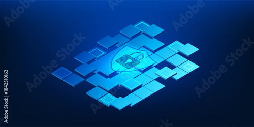 Blockchain Technology Security System Background Showing Encrypted Blocks, Safe Cryptocurrency Transactions, Digital Ledger Verification,and Secure Financial Data Protect