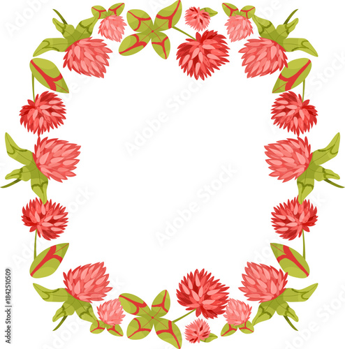 Square floral frame composed of blooming red clover flowers and fresh green leaves. This botanical border is ideal for invitations, eco-themed designs, herbal packaging.