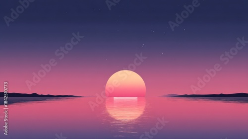 Serene Sunset Reflection: A radiant sunset paints the sky with hues of pink and purple over a calm body of water, its reflection shimmering on the surface, creating a breathtaking and tranquil scene.