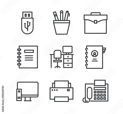 Office line editable stroke icons set. Vector illustration