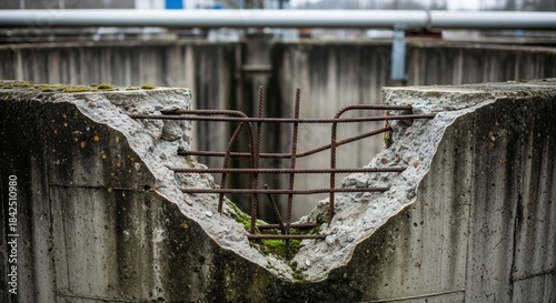 Fragmented strength: A concrete barrier showing signs of wear with exposed rebar