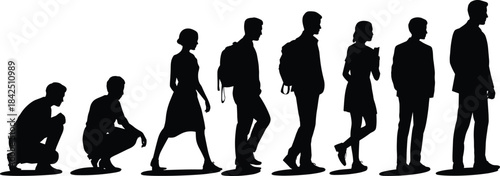 age progression, posture change, childhood to adulthood, aging concept, backpack figures, generational growth, physical transformation, minimalist art, people evolution, life phases