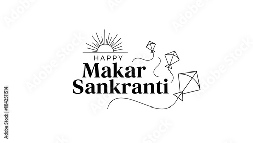 Makar Sankranti festival with elegant black line art kite patang illustration featuring rising sun and creative typography celebrating Indian tradition during Uttarayan season in minimal style 