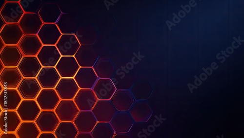 Abstract honeycomb graphic with orange and purple glow on dark blue background