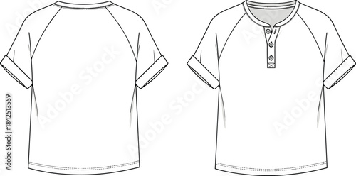 Technical flat sketch vector set of raglan T-shirts including short and long sleeve, V-neck, and buttoned Henley styles for casual apparel design and sportswear.