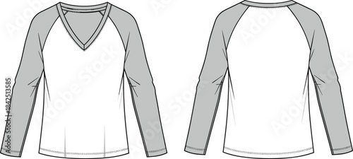 Two-tone V-neck raglan long sleeve t-shirt technical fashion flat sketch vector template for casual sportswear apparel and garment design.