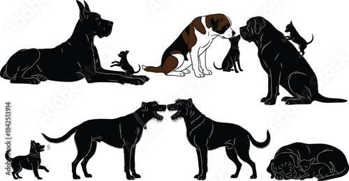 Dog and cat silhouettes, pet interaction poses, animal friendship, vector art, peaceful pets, barking dogs, sleeping animals, black shapes