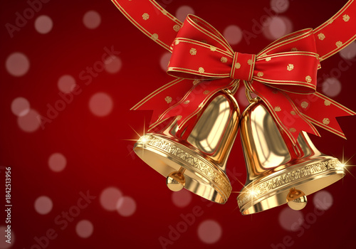 Two golden Christmas bells tied together with a shiny ribbon with gold pattern.The bells are metallic,reflective, with soft highlights and detailed edges.The ribbon forms an elegant bow on top.Red bk