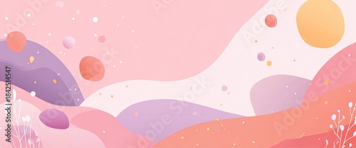 Abstract landscape with fluid shapes, pastel colors and floating elements