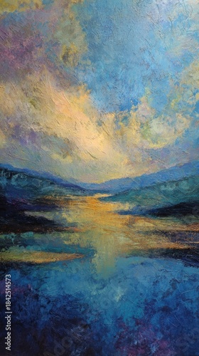 Abstract landscape painting with reflective water, mountains, & a colorful sky