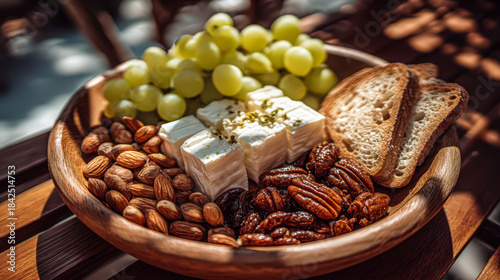 Bowl of nuts, bread, and grapes. The bowl is wooden and has a rustic feel. The grapes are in the center of the bowl, surrounded by the other items