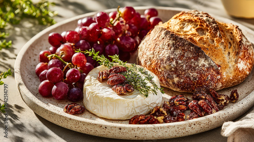 Bowl of nuts, bread, and grapes. The bowl is wooden and has a rustic feel. The grapes are in the center of the bowl, surrounded by the other items