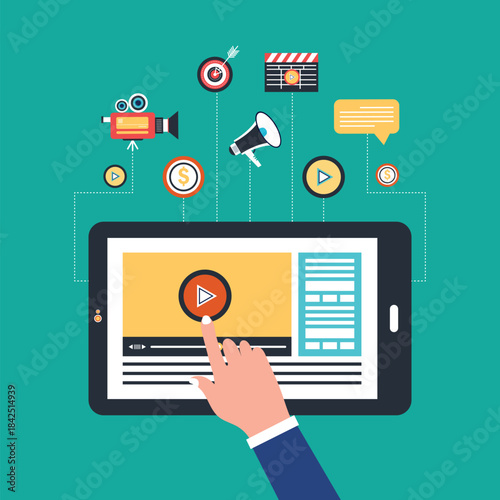 Video content marketing concept with a user pressing the play button