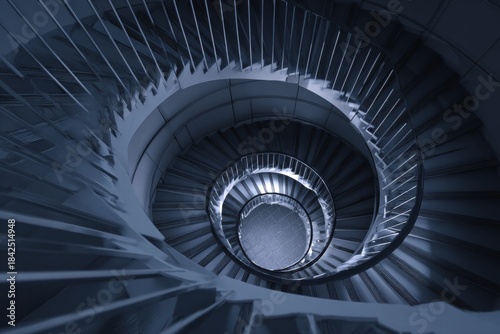 An eye-level shot captures the mesmerizing view down a spiral staircase, its steps forming a dizzying vortex towards the floor below.