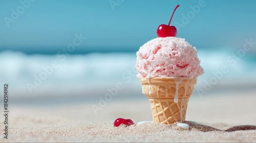 A melting strawberry ice cream cone with a cherry on top sits on a sandy beach with the ocean in the background.