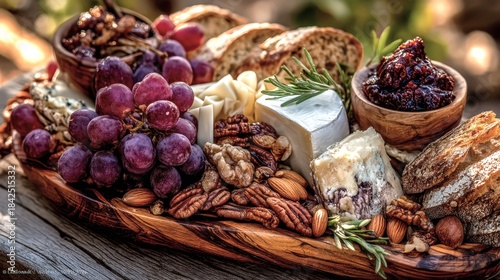 Bowl of nuts, bread, and grapes. The bowl is wooden and has a rustic feel. The grapes are in the center of the bowl, surrounded by the other items