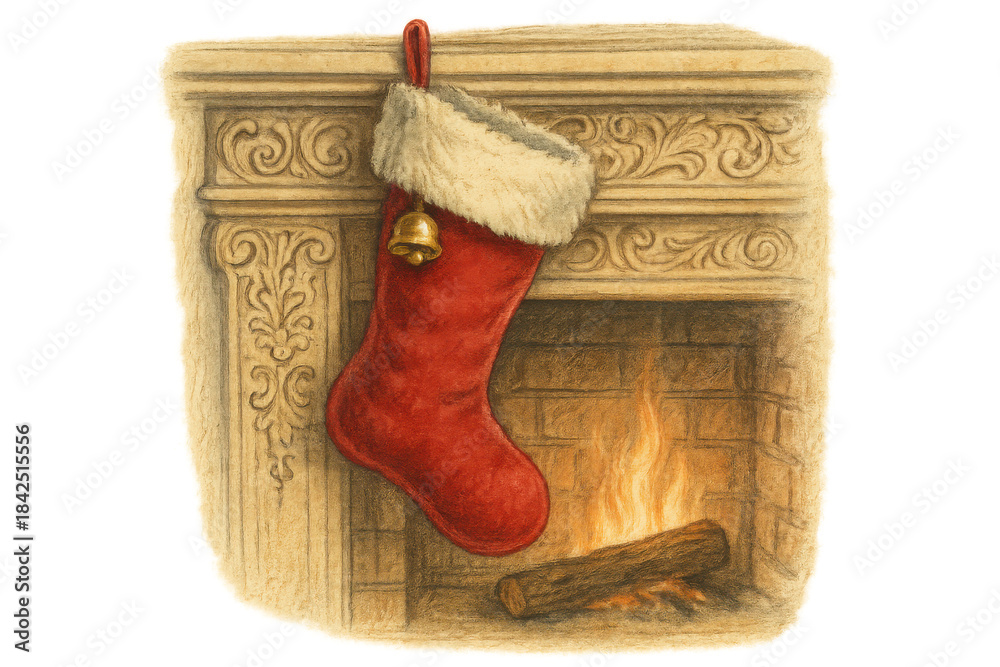 Obraz premium Christmas stocking hanging on a traditional fireplace with a warm fire, celebrating winter holiday spirit and comfort, transparent background