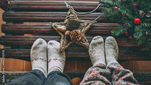 Feet of couple siting at home on a brown bench wearing wool socks with christmas decoration in front like a star out of wood and pine cones