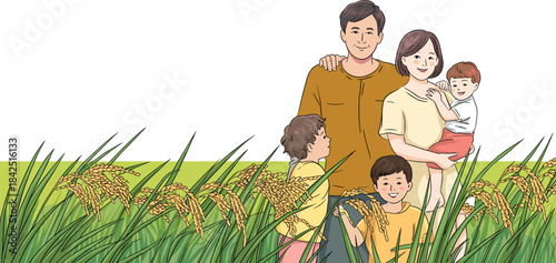 Family in rice field, bonding in nature, rural life, golden harvest, holding child, smiling together, outdoor love, tradition, peace, growth