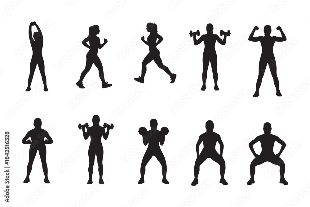 Obraz premium Fitness Silhouette Bundle Male & Female Workout Gym Yoga Exercise Vector Set