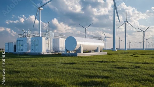 Wind turbines at a wind farm beside a power plant with a large storage tank on a green field.