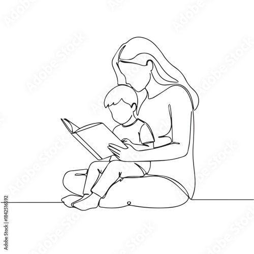 Mom and son reading a book line art vector illustration mothers day