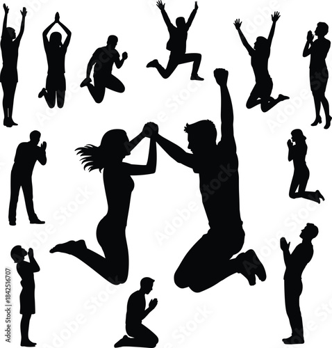 Jumping silhouettes, emotional poses, human expression, black figures, celebration gesture, praying stance, joyful movement, unity, contrast art, dynamic people